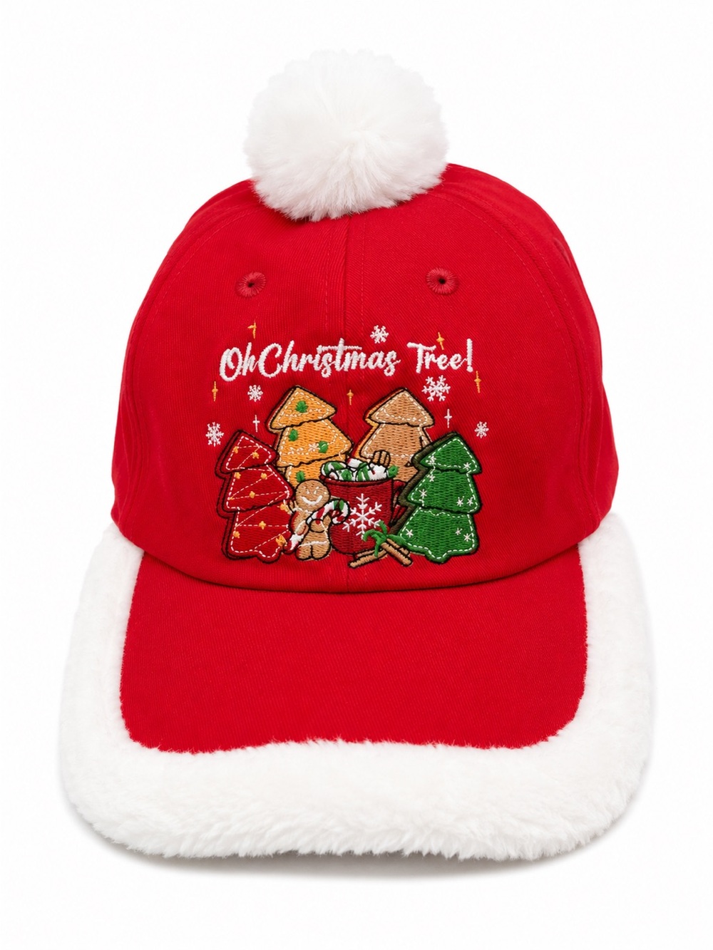 Red Holiday Pom-Pom Cap with Festive Tree Embroidery